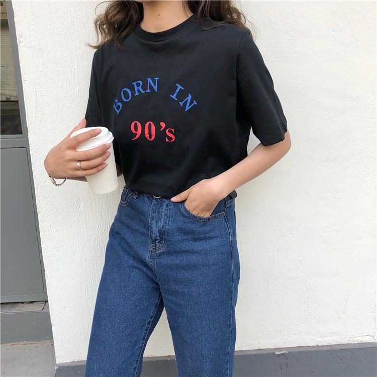 itGirl Shop BORN IN 90'S PRINT LETTERS COTTON SHORT SLEEVE T-SHIRT