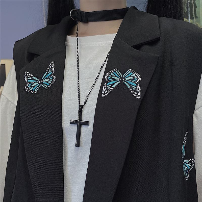 Butterfly Embroidery Casual Black Loose Vest And Jacket