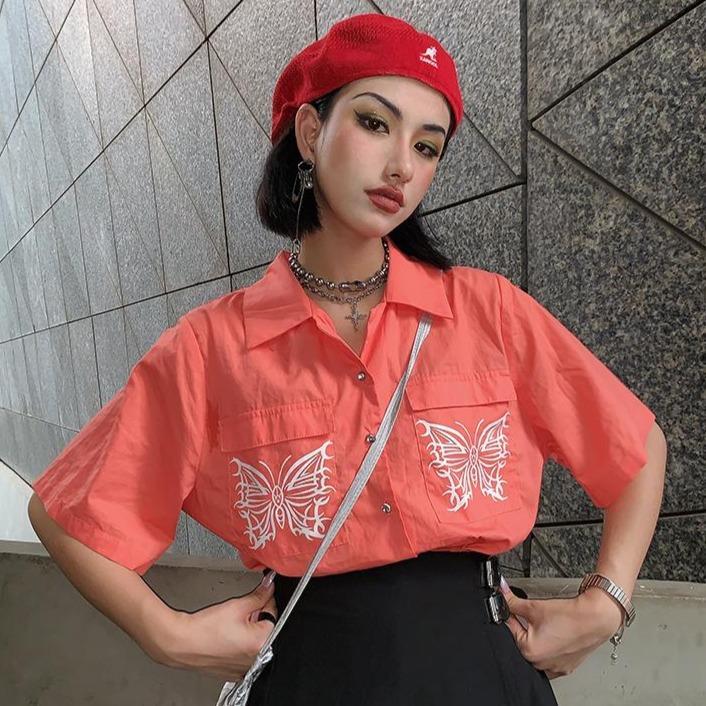 Butterfly Embroidery Ulzzang Orange Short Sleeve Shirt