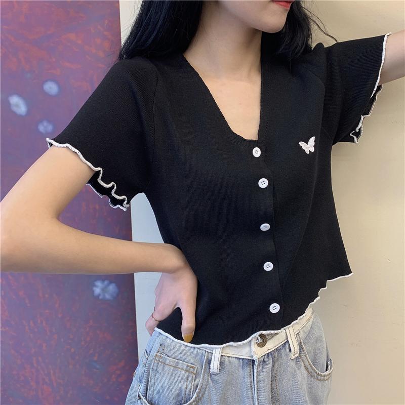 Butterfly Embroidery Wavy Edges Cropped Thin Shirt