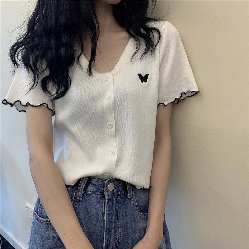 Butterfly Embroidery Wavy Edges Cropped Thin Shirt