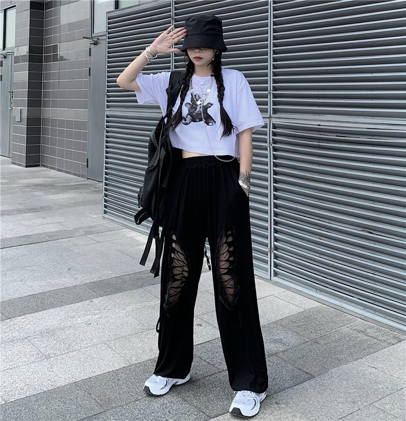 itGirl Shop BUTTERFLY HOLLOW OUT WIDE LEG BLACK PANTS