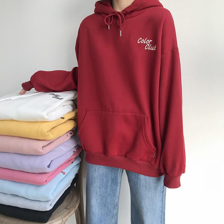 itGirl Shop CANDY COLORS LETTERS EMBROIDERY LOOSE HOODED SWEATSHIRT
