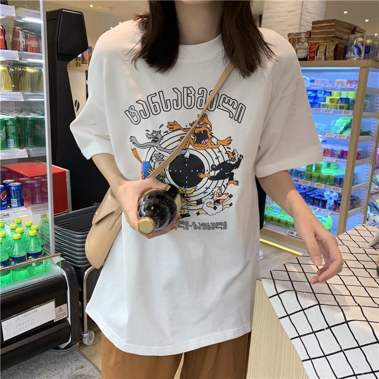 itGirl Shop CARTOON LETTERS PRINT ROUND NECK LOOSE T-SHIRT
