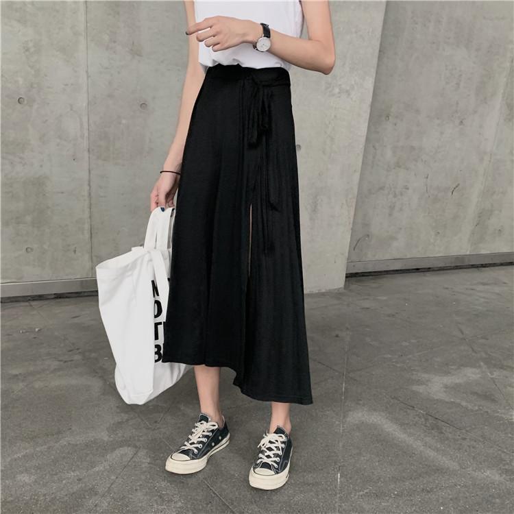 Casual Black Gray Wrap Bow Split Long Skirt