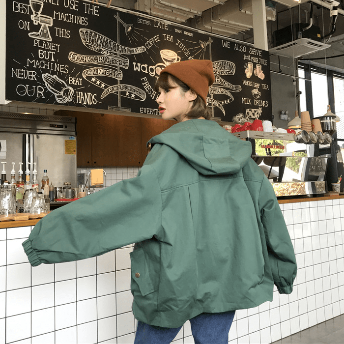 itGirl Shop CASUAL OVERSIZED HOODED SNAP-BUTTONS POCKETS WINDBREAKER