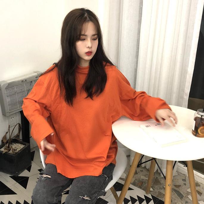 itGirl Shop CASUAL SOLID COLOR OVERSIZED LONG SLEEVE T-SHIRT