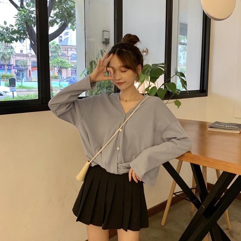 itGirl Shop CASUAL V-NECK SOLID COLORS CHIFFON THIN BLOUSE