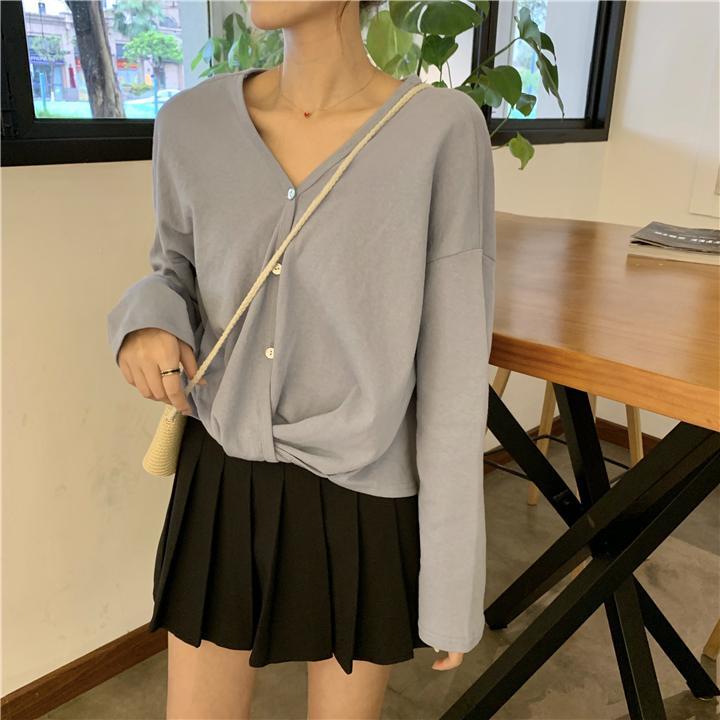 itGirl Shop CASUAL V-NECK SOLID COLORS CHIFFON THIN BLOUSE