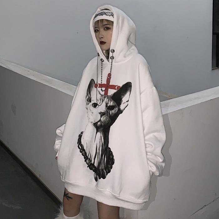 Cat Printed Goth Aesthetic Oversized White Hoodie