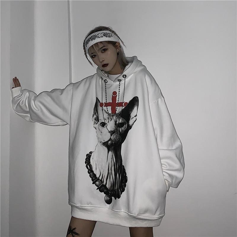 Cat Printed Goth Aesthetic Oversized White Hoodie