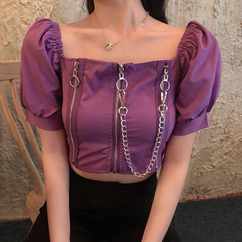 Chain And Zipper Puff Sleeves Cropped Top