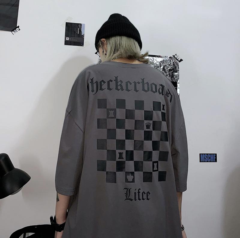Checkerboard Print Grunge Oversized T-Shirt