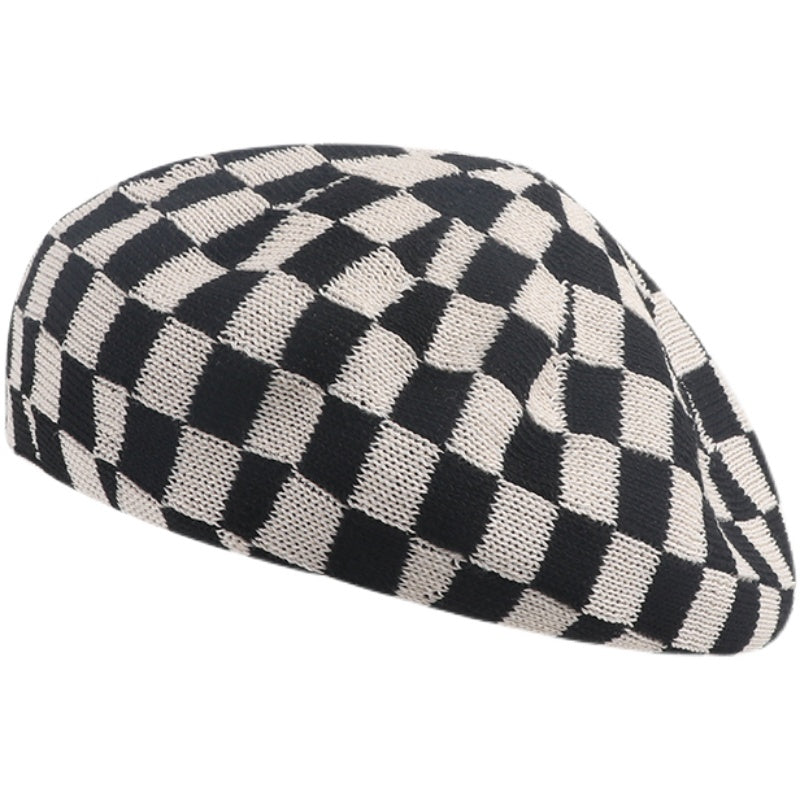 Aesthetic Clothing itGirl Shop Checkered Monochrome Vintage Aesthetic Girl Knit Beret