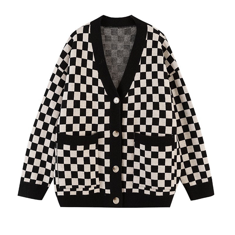 itGirl Shop CHECKERED PLAID V-NECK KNITTED OVERSIZED CARDIGAN