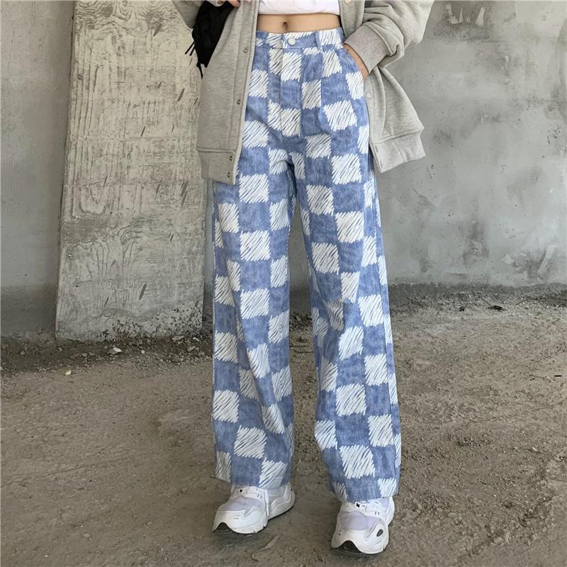 itGirl Shop CHECKERED PLAID WASHED HIGH WAIST BLUE LOOSE JEANS