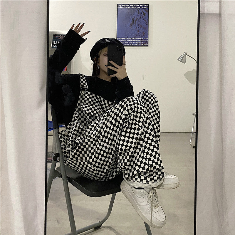 Aesthetic Clothing itGirl Shop Checkered Skater Aesthetic Front Pocket Loose Overalls