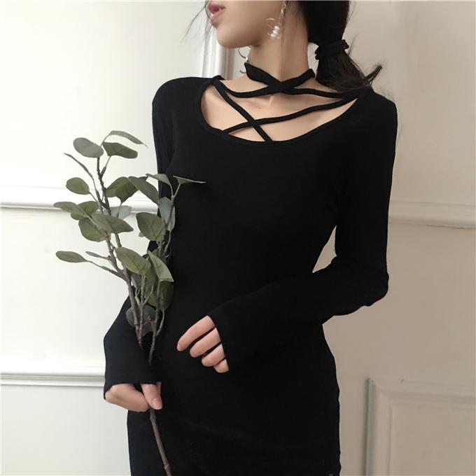 itGirl Shop CHEST STRAPPY COTTON KNIT BLACK WHITE LONG SLEEVE BLOUSE