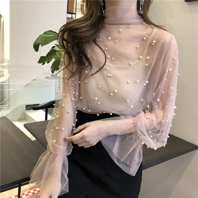 itGirl Shop CHIFFON LIGHT LONG SLEEVE NECK BOW PEARLS BEANS BLOUSE