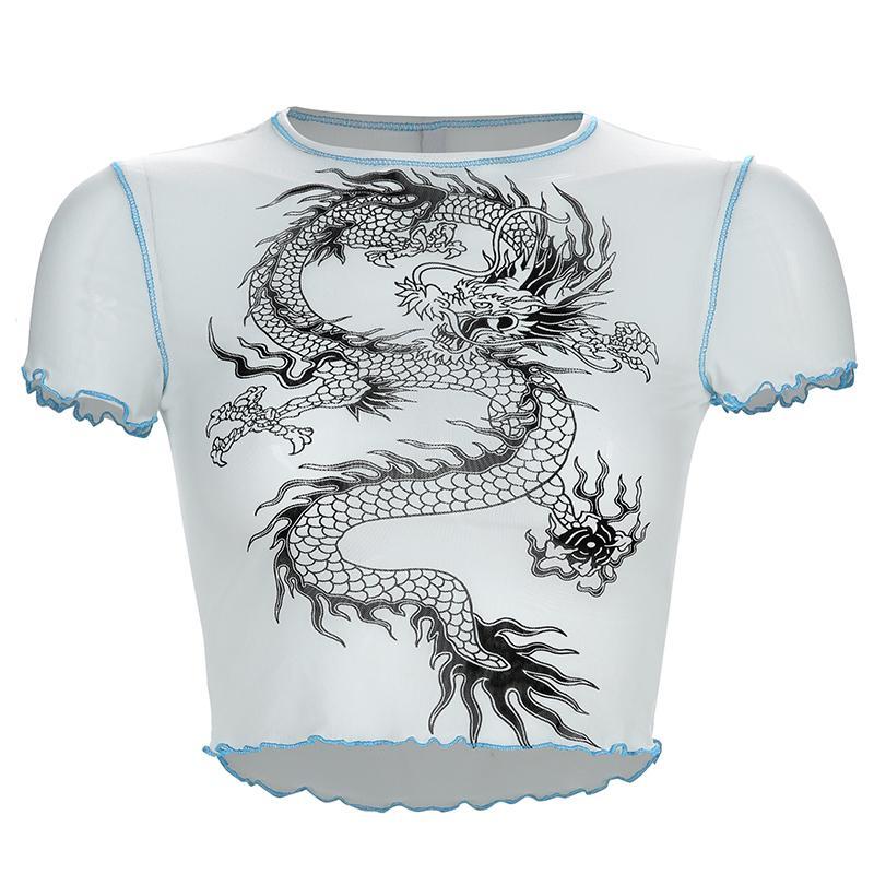 Chinese Dragon Print Transparent Mesh 90S White Crop Top