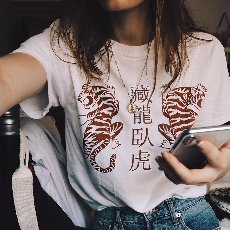 itGirl Shop CHINESE TIGERS PRINT WHITE COTTON T-SHIRT