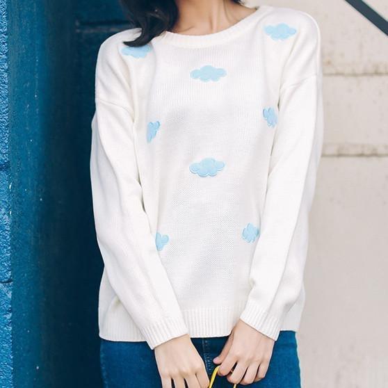 CLOUDS EMBROIDERY LONGSLEEVE LOOSE SWEATER - itGirl Shop