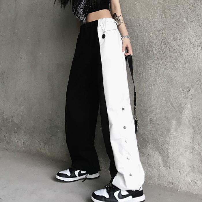 Color Block Black And White Side Buttons Pants