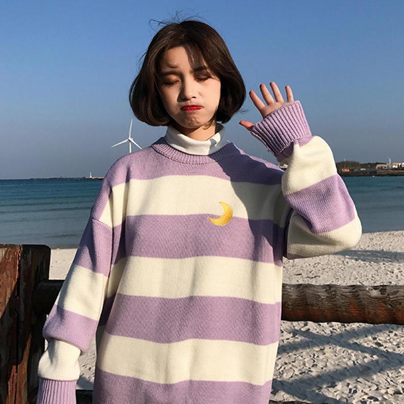 itGirl Shop COLOR STRIPES KNIT HIGH NECK MOON EMBROIDERY SWEATER