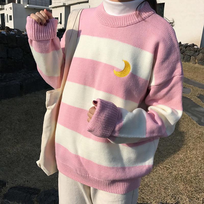 itGirl Shop COLOR STRIPES KNIT HIGH NECK MOON EMBROIDERY SWEATER