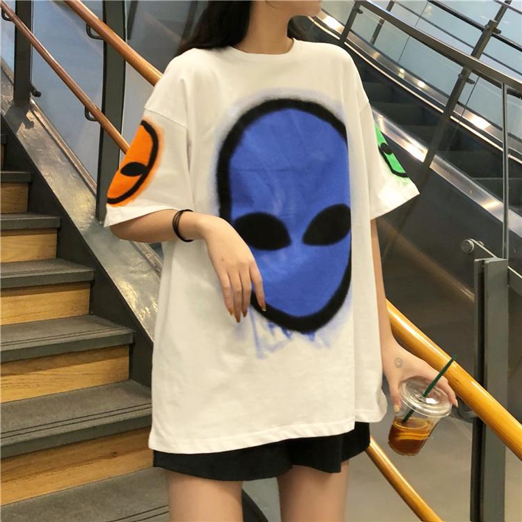 Colorful Alien Face Print Rave Loose White T-Shirt