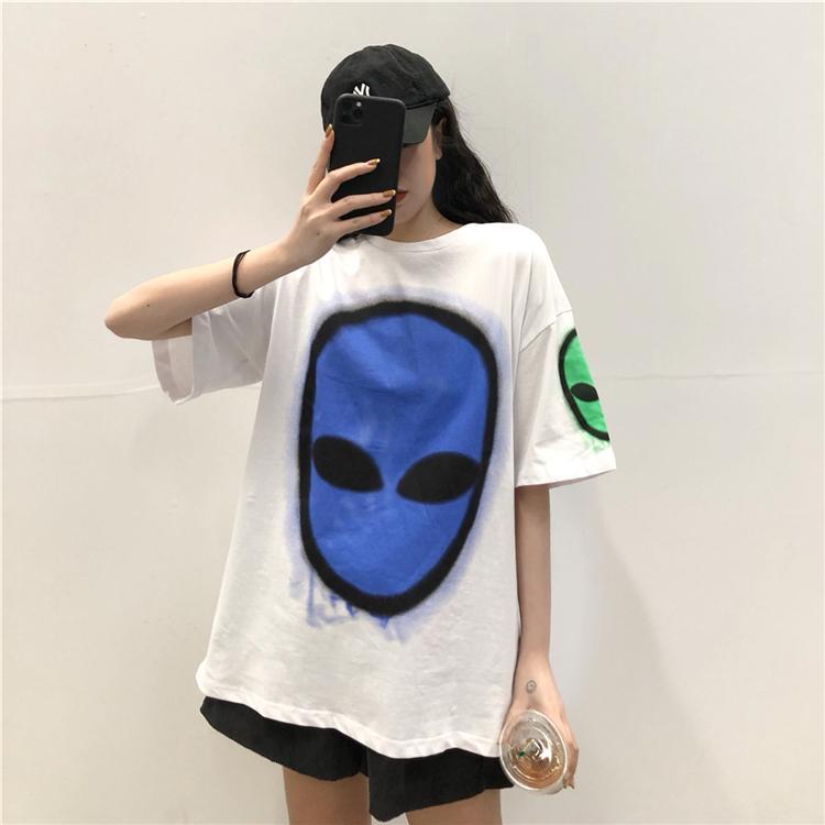 Colorful Alien Face Print Rave Loose White T-Shirt