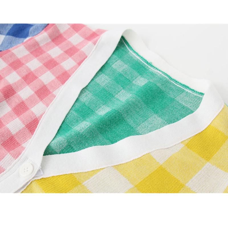 Colorful Checkered Rainbow V-Neck Knitted Cardigan