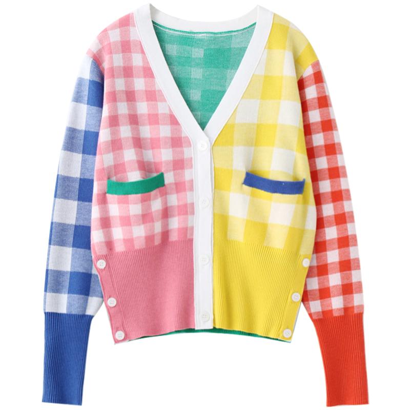 Colorful Checkered Rainbow V-Neck Knitted Cardigan