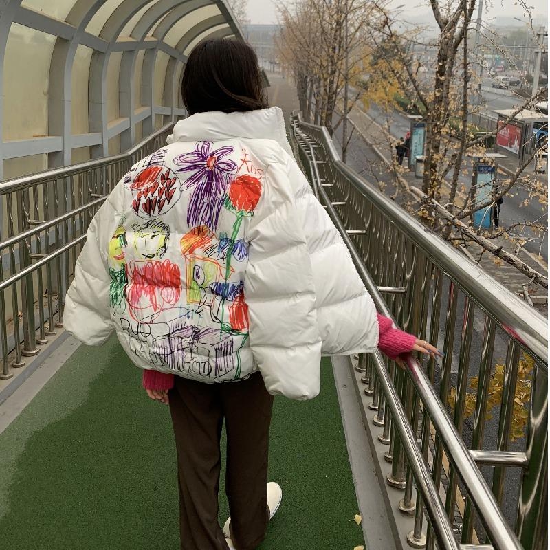 itGirl Shop COLORFUL CHILD ART DRAWING PRINT PUFF LOOSE WHITE JACKET