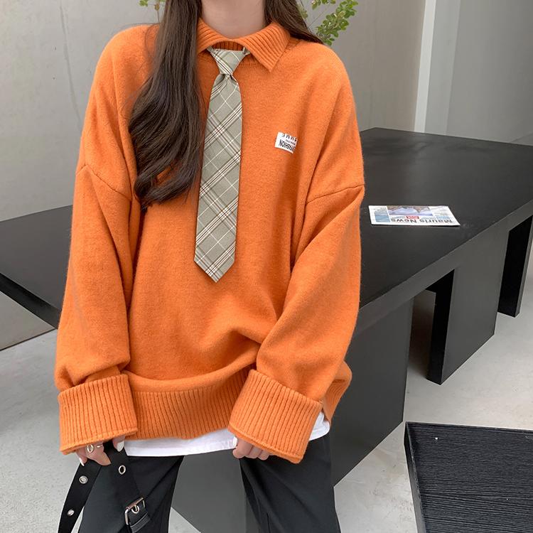 itGirl Shop COLORFUL PATCHES POLO COLLAR WITH TIE KNIT LOOSE SWEATER