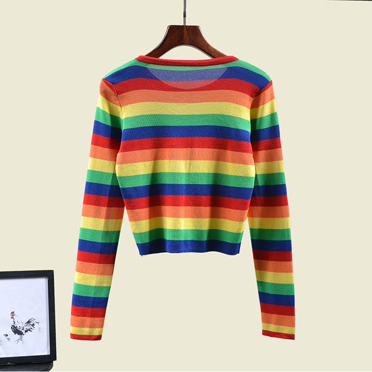 itGirl Shop COLORFUL RAINBOW STRIPED FAUX CARDIGAN CROPPED SHIRT