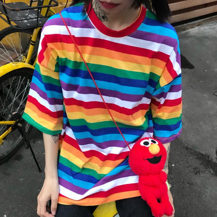 itGirl Shop COLORFUL RAINBOW STRIPED ROUND NECK LOOSE T-SHIRT