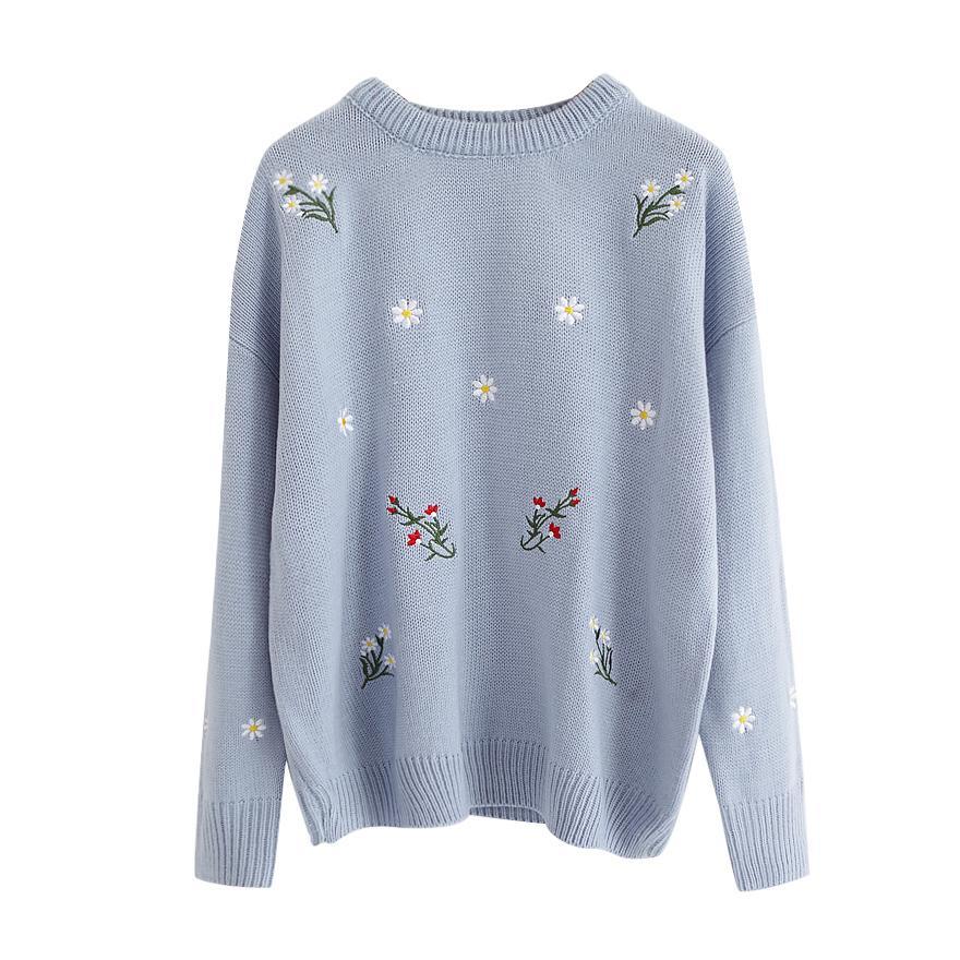 itGirl Shop COLORFUL SMALL FLOWERS FRONT EMBROIDERIES KNIT COZY SWEATER