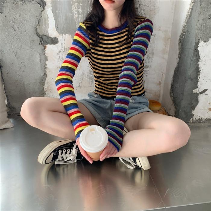Colorful Stripes 90S Ribbed Long Sleeve Crop Top