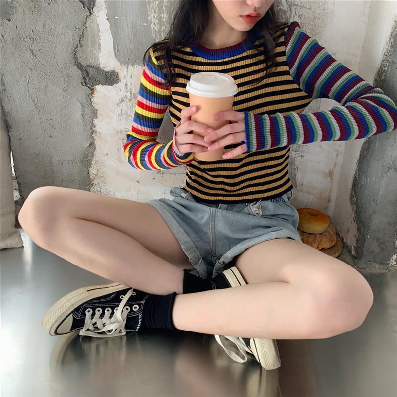 itGirl Shop COLORFUL STRIPES 90s RIBBED LONG SLEEVE CROP TOP