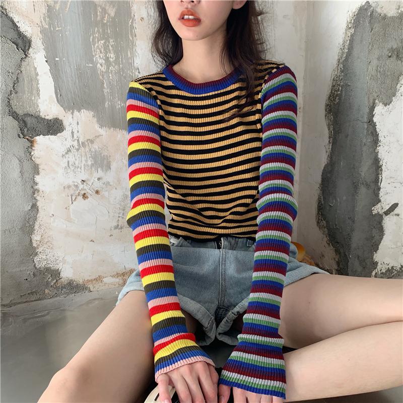 itGirl Shop COLORFUL STRIPES 90s RIBBED LONG SLEEVE CROP TOP
