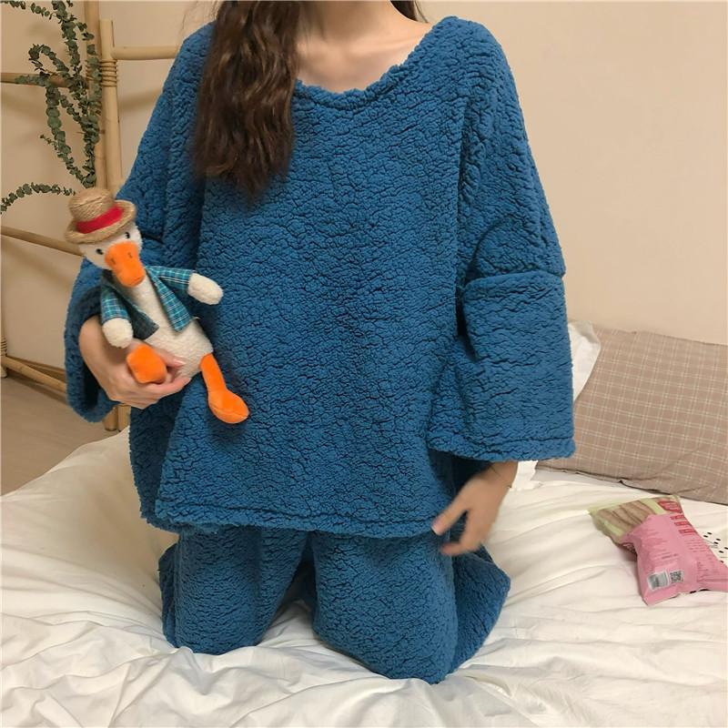 Comfy Solid Colors Sweatshirt + Pants Loose Pajama Set