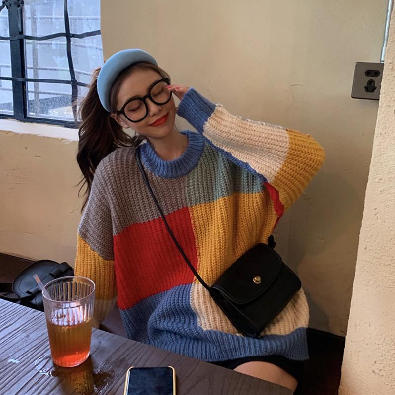 itGirl Shop CONTRAST COLOR BLOCK OVERSIZED KNITTED SWEATER