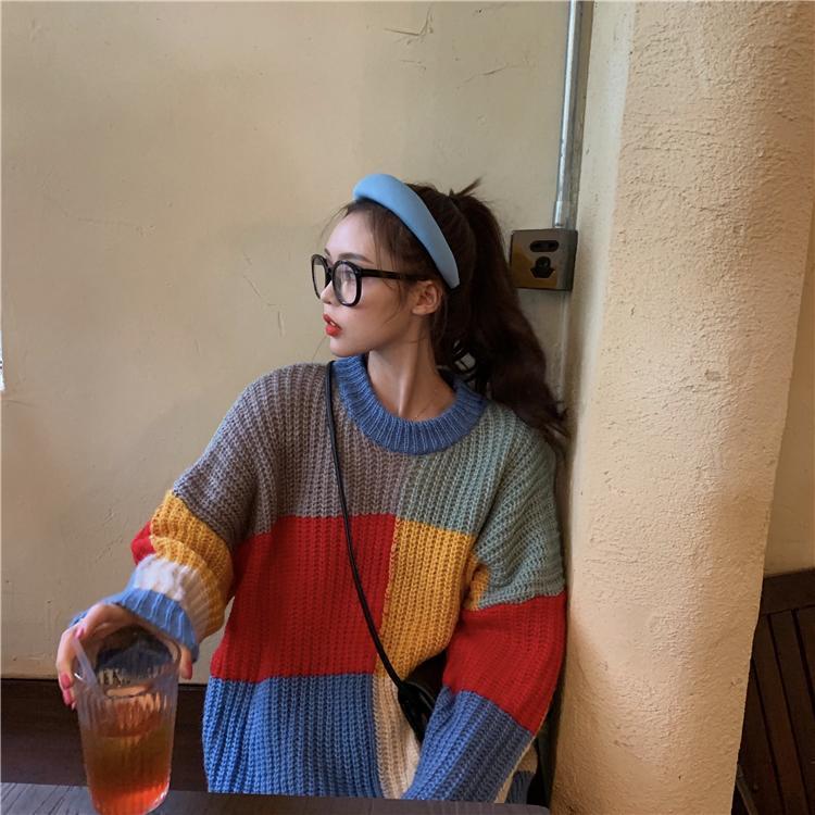 itGirl Shop CONTRAST COLOR BLOCK OVERSIZED KNITTED SWEATER