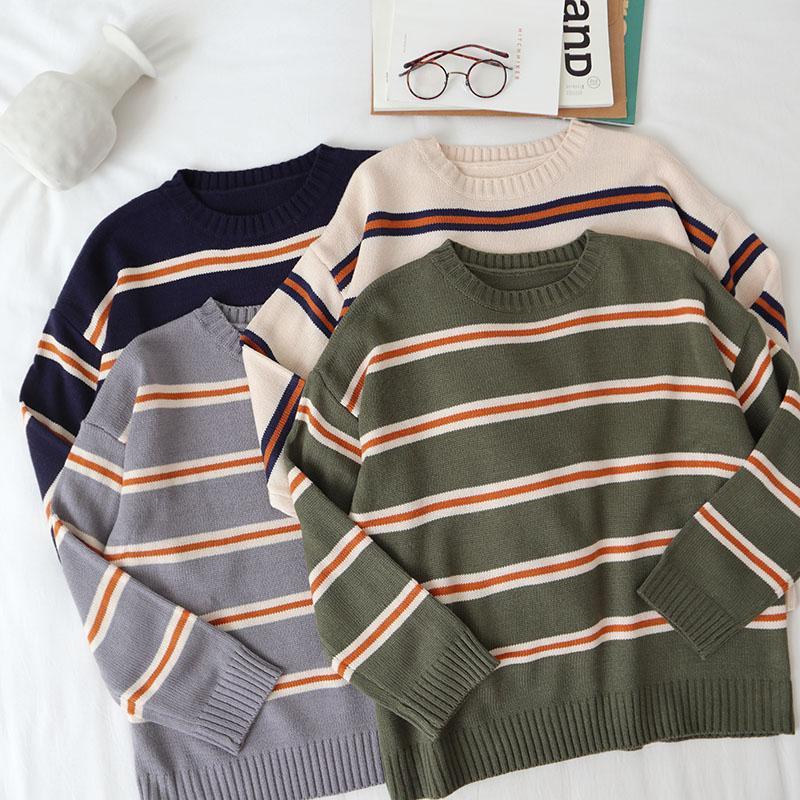 Contrast Colors Striped Vintage O-Neck Pullover Sweater
