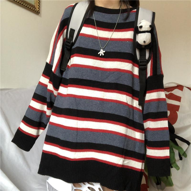 itGirl Shop CONTRAST STRIPES GRUNGE AESTHETIC LOOSE KNIT SWEATER