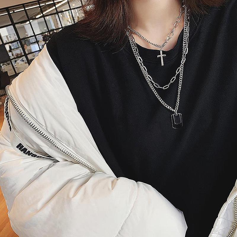 itGirl Shop CROSS MILITARY BADGES SILVER METALLIC CHAINS NECKLACE