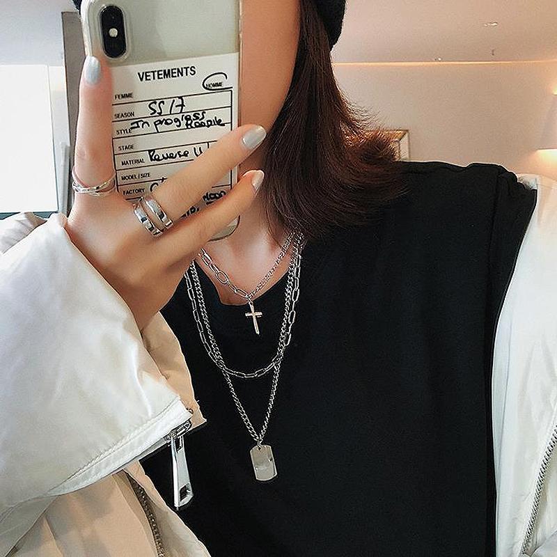 itGirl Shop CROSS MILITARY BADGES SILVER METALLIC CHAINS NECKLACE