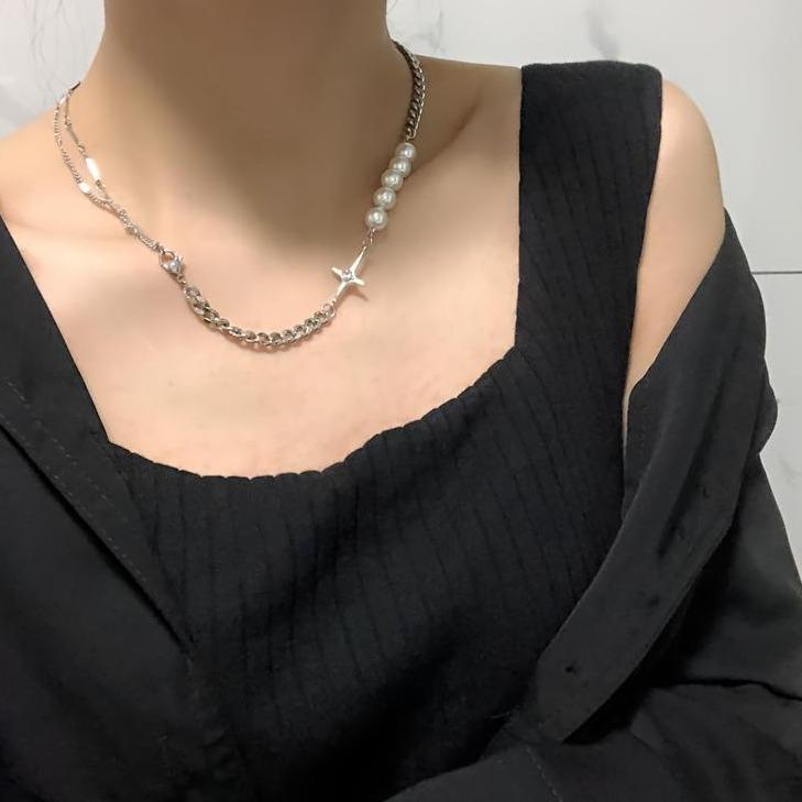 itGirl Shop CROSS STITCHING GRUNGE SILVER CHAIN PEARL NECKLACE
