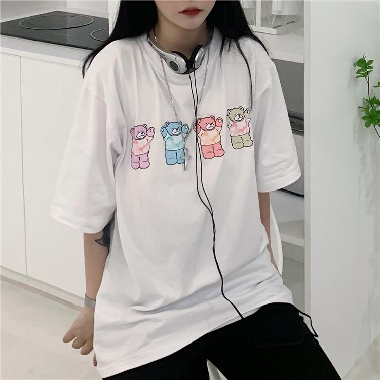 itGirl Shop CUTE COLORFUL BEARS PRINT LOOSE WHITE BLACK T-SHIRT